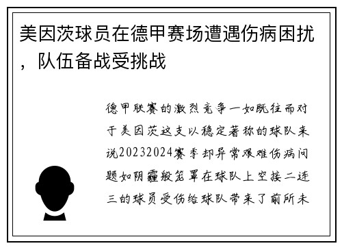 美因茨球员在德甲赛场遭遇伤病困扰，队伍备战受挑战